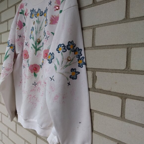 Vintage Hand Painted Bejeweled Sweatshirt White Pink Floral 44" Bust - Picture 3 of 11